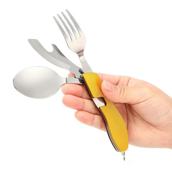 ##/L'or Avtagbar Campingbestickset 4 i 1 Gaffel Sked Flasköppnare Rostfritt Stål Bärbar Resebestickset##/