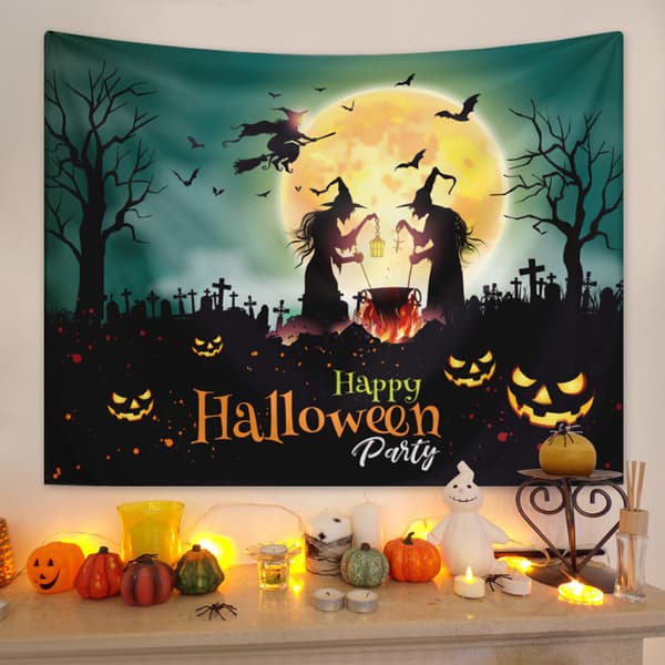 Gobeliner Halloween Oransje Gresskar Fullmåne Forhekset Slott Skisse