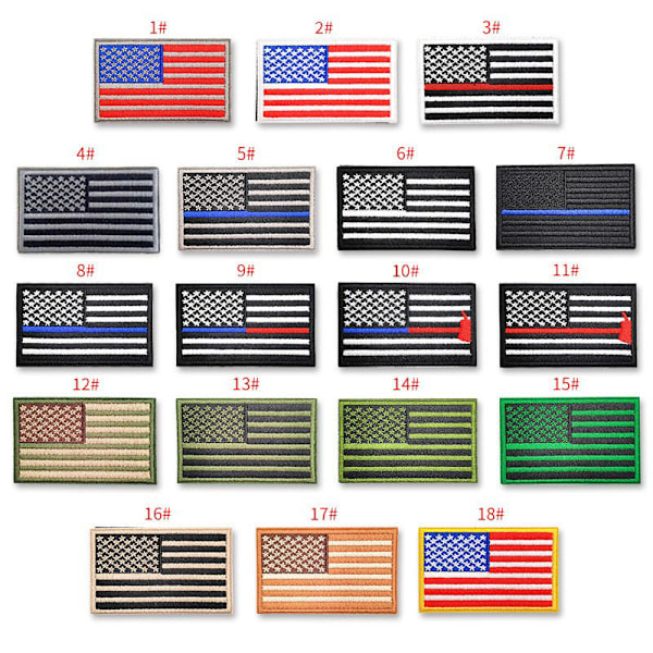 18 broderede strygemærker med amerikanske flagmotiver
