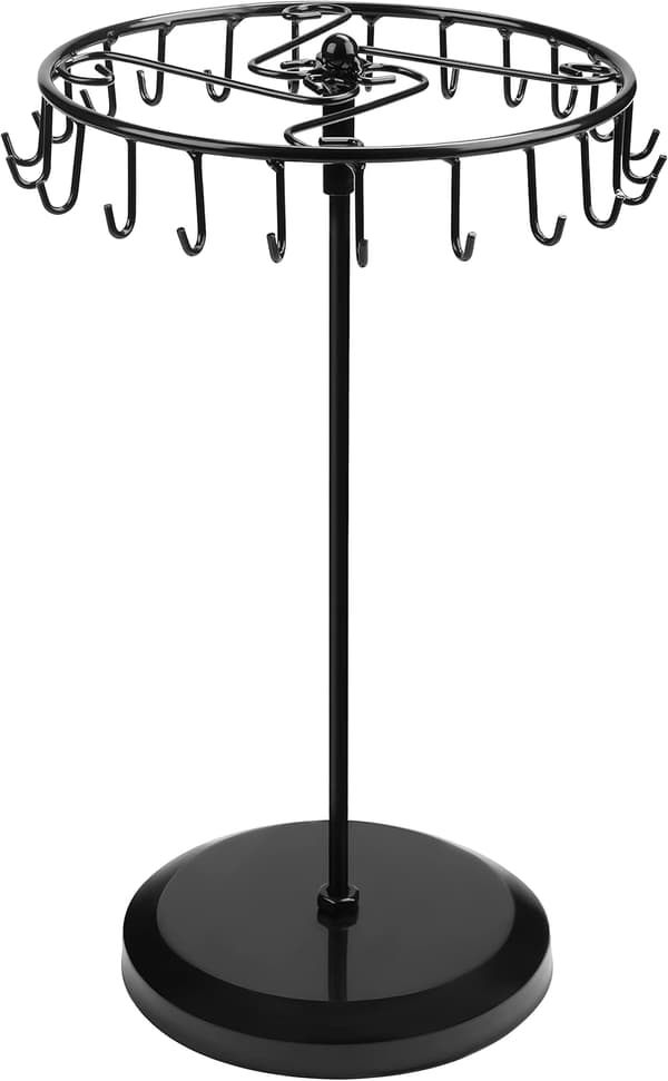 Svart metall roterende smykkeholder (21 kroker) - H33 x B21cm -