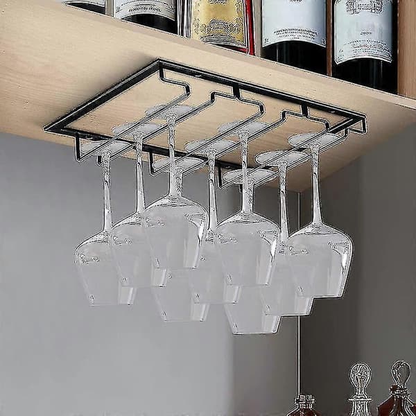 2-pack 3-radig vinglasställ för underskåp, vinglashållare för fotade glas, förvaringshängare i metall för bar och kök Black-2PC