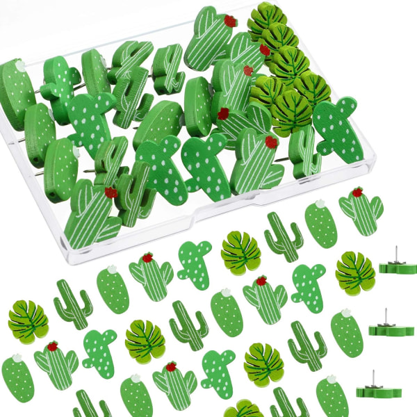 30 Pieces Wooden Push Pins Cactus Palm Leaf Thumbtacks Cute Deco