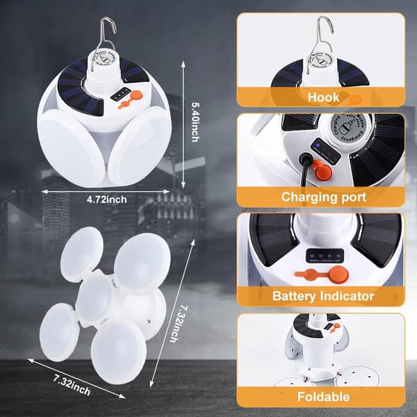 Camping Solcellelampe USB Oppladbar, Bærbar LED Flomlys