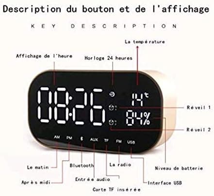 Digital speilvekkerklokke med Bluetooth-høyttaler, lysende alarm
