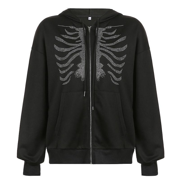 Dam Y2k Rhinestone Skeleton Hoodies Kvinnlig Gothic Huvjacka Zip Up Sweatshirts Harajuku Streetwear