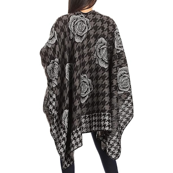 ##/Dames Modebevidst Blomstermønstret Vendbar Shawl Kappe - Sort, Shawl S##/