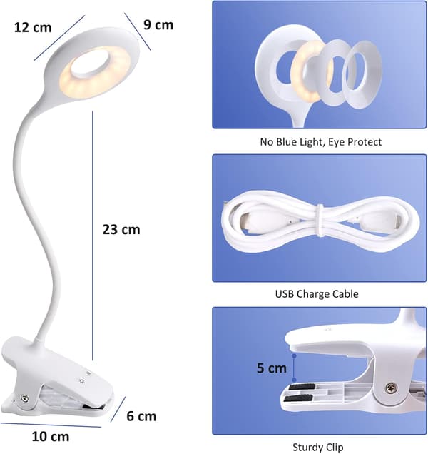 3W Oppladbart Led-bordlampe uten ledning, 24 LED-lys, Berøringslampe for seng med klips