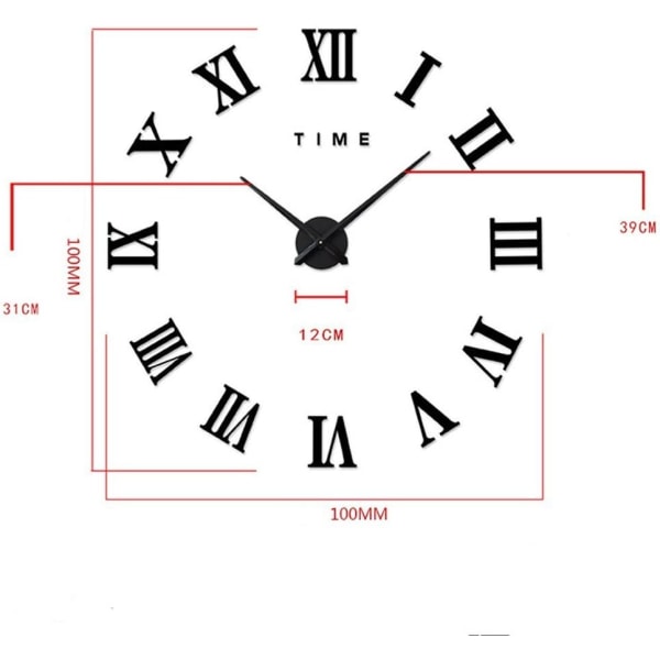 Musta DIY Suuri Seinäkello Roomalaiset Numerot Iso Kello 3D Tarrat