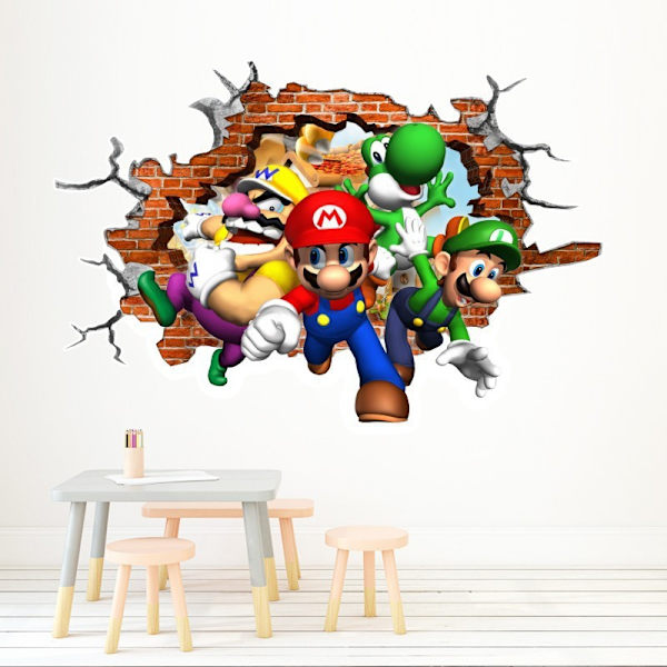 En bit 47×31cm 3D trasig vägg Mario barnrumsväggdekoration S