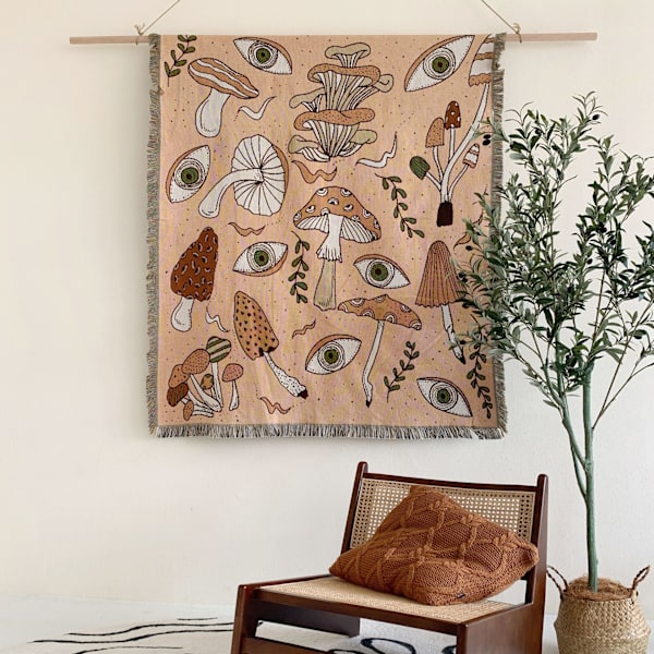 1 kpl 160x130cm Neulotu Mushroom-ruutukuvioinen peitto, reunustettu tupsuilla