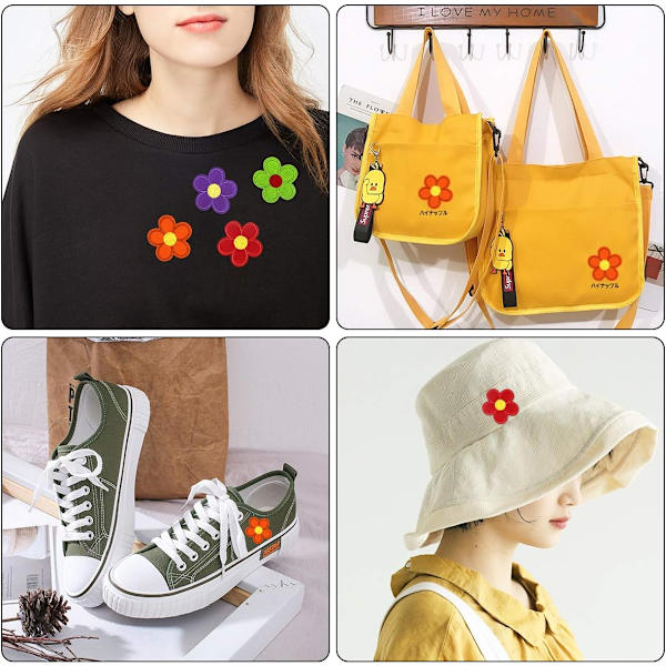 14 stycken broderade strykjärnspåsar, sy-på-märken, solrosblommor