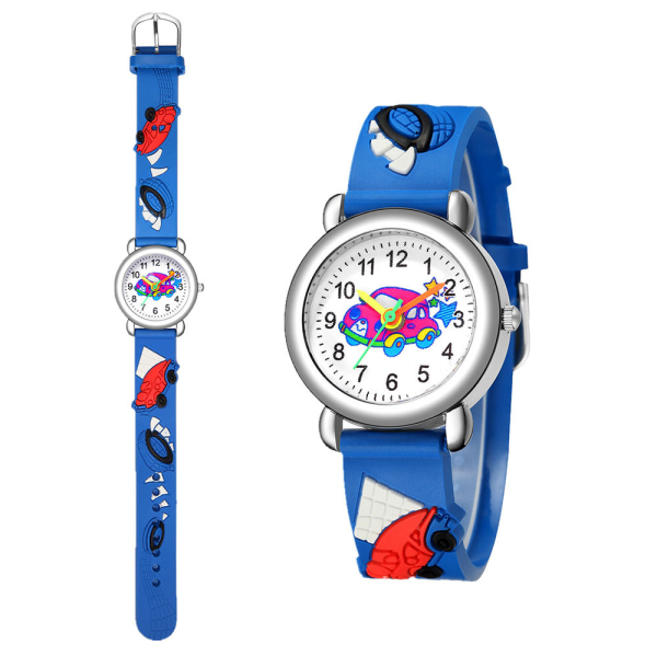 Barneklokke (blå, bil), vanntett armbåndsur for barn Quartz Mov