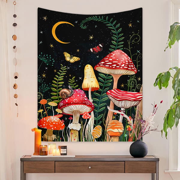 130x150cm Fantastiske Sopp Svart Skallehode Veggteppe
