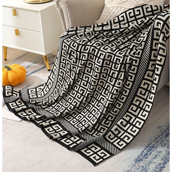 1 Stk. 125x180cm Strikket Tæppe Sort Kaffe Tartan Blød Komfort