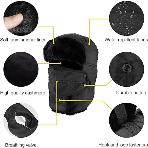 ##/Puderet Pilot Hat - Sort med Vindtæt Maske, Unisex Vinter Rider##/