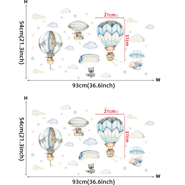 Kaksi osainen vauvan seinätarrasetti, piirrettyjä eläimiä, lentokoneita ja H