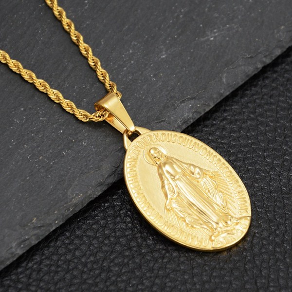 ##/Halsband med hänge Medalj Jungfru Maria Mirakulös Stål Förgylld Guldkäda##/