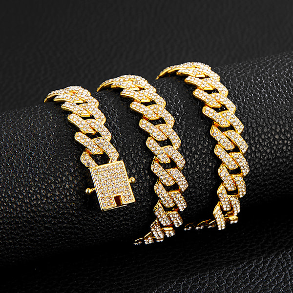 ##/Kubansk Länkkedja för Män Isad Miami Kubansk Länk Halsband Guld Silverpläterade Halsband Diamantkedja Bling Bling Hip Hop Smycken Silver##/