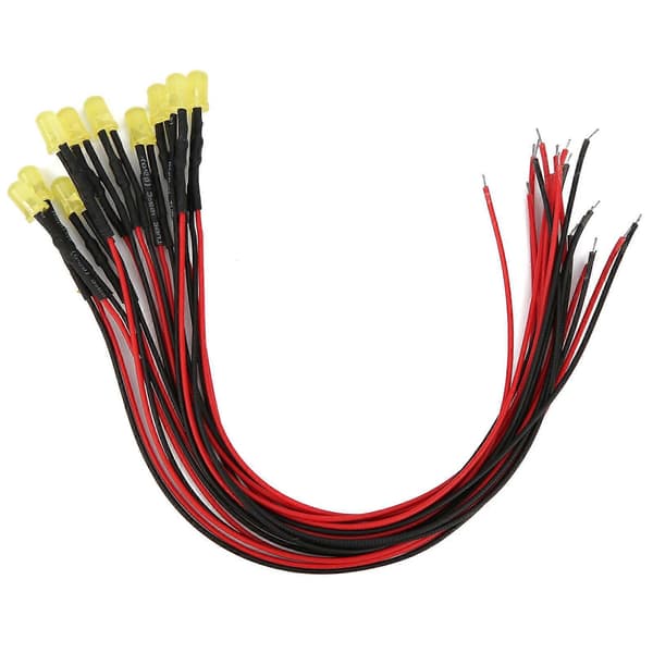 100 stk. 12V Klar 5mm Ferdigkablet Lysdiode med 20cm Ledning LED Lysperler Gul til Gul