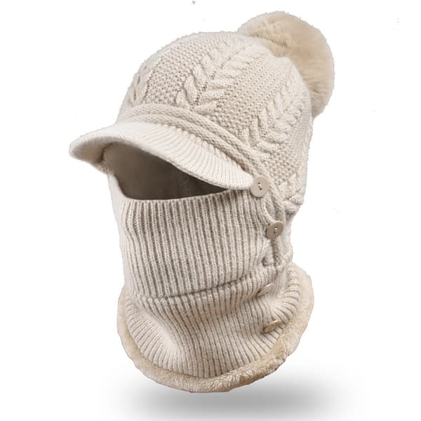Fleecefodrad mössa med huva - Beige stickad halsduk Tjock mössa med avtagbar