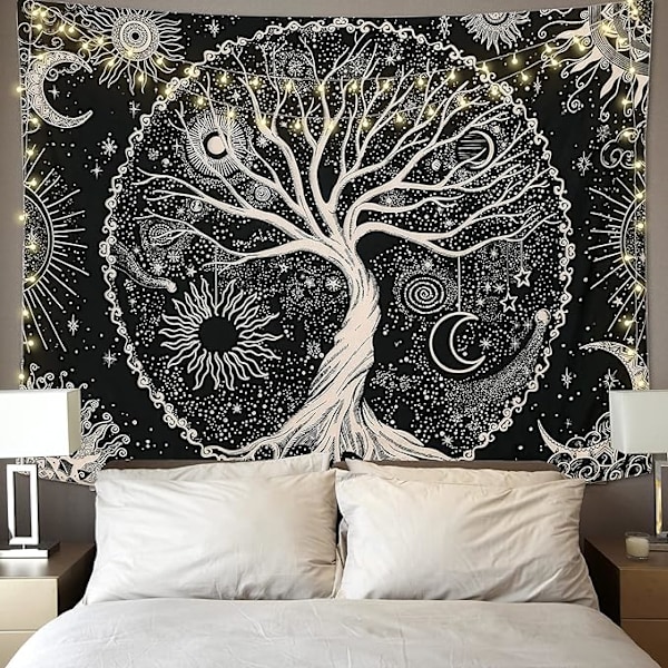 Livets Træ Vægtæppe Måne og Sol (150x200cm) Sort Psykedelisk