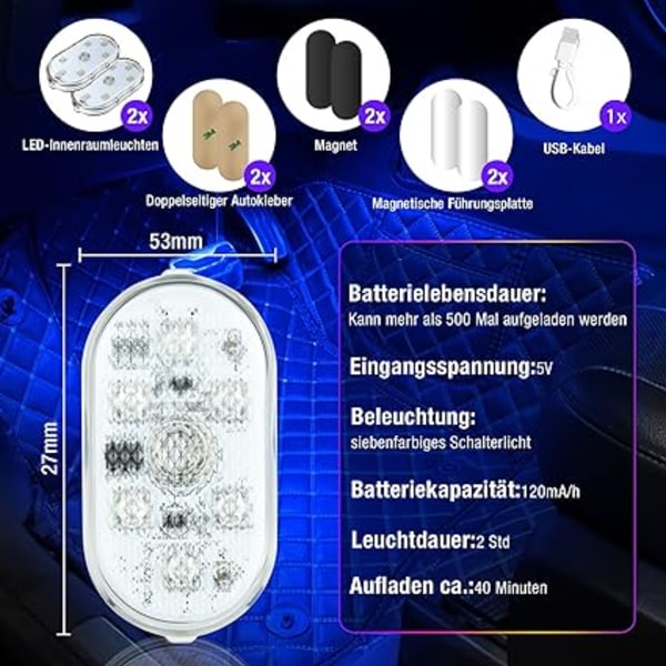 2 st RGB-bilar inre belysning, beröringsbrytare bil inre lampa, LED