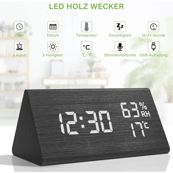 Trä Digital Väckarklocka, Trä Väckarklocka med 3 Alarm Inställningar