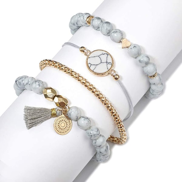 ##/Armbandset Boho armbandset med tofsar, vitt marmorarmband, natursten##/
