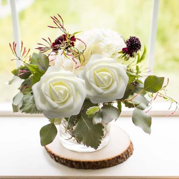 ##/Sett med 25 kunstige roser i elfenbensfarge med naturlig utseende og følelse for personlige brudebuketter, babyshower eller hjemmedekorasjon##/