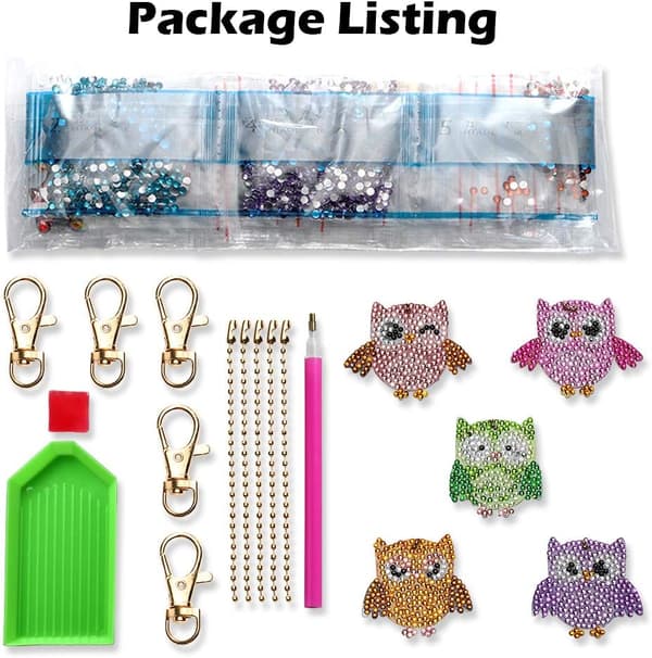 5 stk Søde Ugle 5D DIY Fuld Diamantmaleri Nøglering Rhinesten Pa