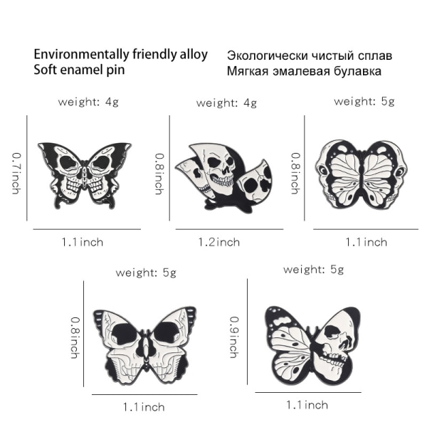 5 stk Punk Skull Butterfly Moth Emaljepinner Skull Moth brosje