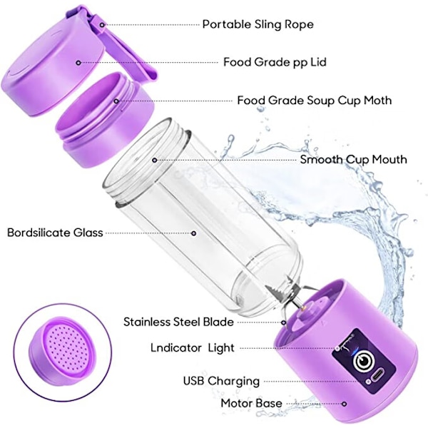 ##/Bærbar Blender  Personlig Mini Juice Blender  USB Opladbar Juicer Kop med Seks Blade##/
