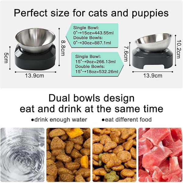 ##/Höjd Stålmatskål för Katt & Hund 480ml x2 Dubbelskål för Katt & Hundmatning  Halksäker & Spillfri##/