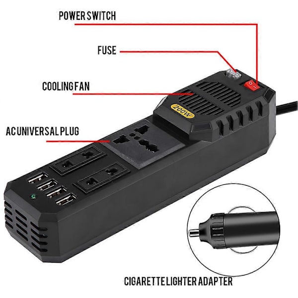 200W DC 12V til AC 220V Bil Strømomformer Konverter Cigarettænder USB Oplader Universal