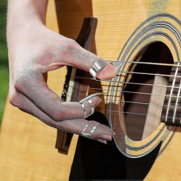 8 stk. guitarplektre til tommel- og finger i rustfrit stål med plastiketui til elektrisk guitar, bas, ukulele (sølv)
