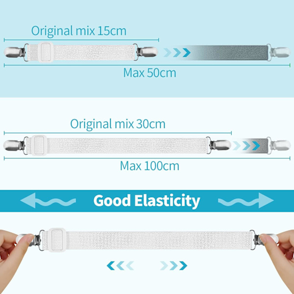 8 stk (15 cm til 100 cm) Strammer for sengetrekk, justerbare sengetrekk