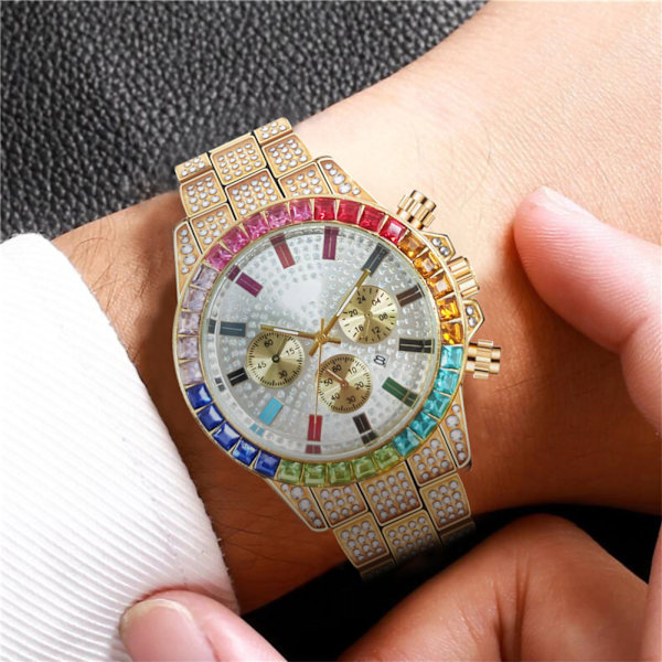 Quartz Ur Chronograf Guldtone/Regnbue Rhinestone Diamanter