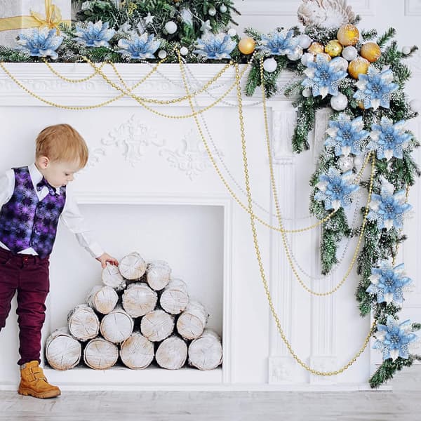 ##/(Ljusblå, 12 stycken) 5,7 tum konstgjorda julglitterblommor Julgransblomsterdekoration##/