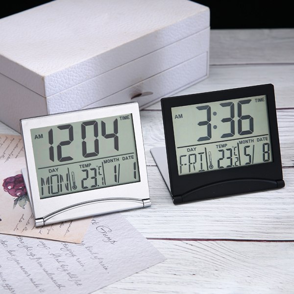 Digitalt LCD skrivebordsur temperatur rejsevækkeur (sort)