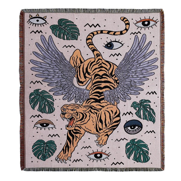 1 Stycke 160x130cm Stickad Tigerrutig Pläd Dekorerad med Fransar