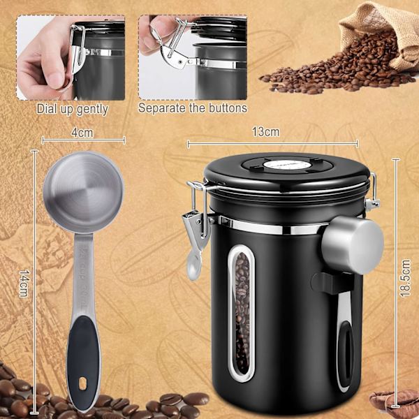 (Sort) 1 stk. Kaffebeholder, 1,8 Liter Rustfri Stål Lufttæt
