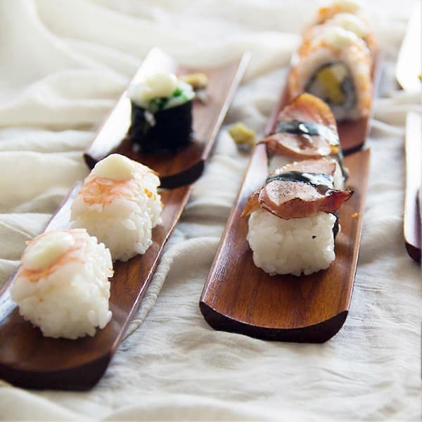 Aflang Træ Dumplings Sushi Serveringsbakke Salat Brød Tallerken til Hjemmekøkken Bevel Edge