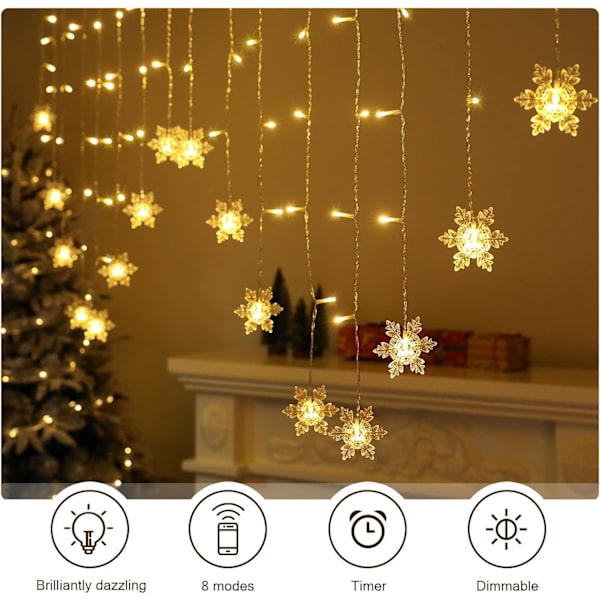 LED Snefnug Gardinlys - 4M, Varm Hvid, 8 Modes USB Lys