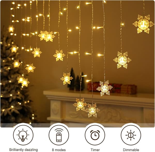 LED Snøfnugg Gardinlys - 4M, Varmhvit, 8 Moduser USB-lys