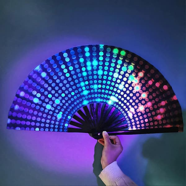 UV Fluorescerande Vikbar Fläkt Portabel Bambu Handfläkt Karneval Dansfest Kung Fu Fläkt med Starka Färger för Scenföreställningar Barer Bröllop E