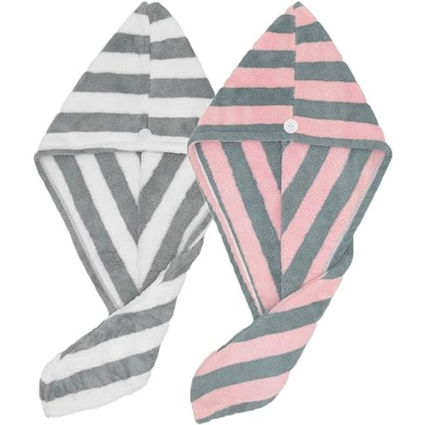 Torkande Hårhuvor 2-pack (Rosa Grå & Vit Grå) Mikrofiber Hårhandduk