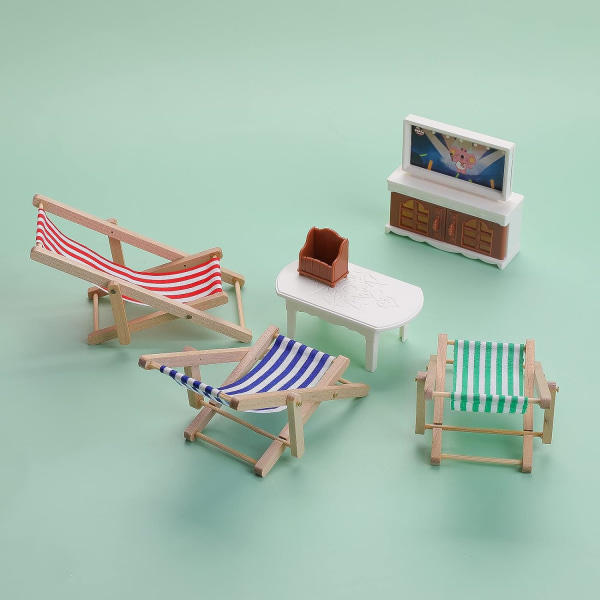 Sæt med 3 Træ Mini Foldbare Strandstole til Dukkehuse eller Dukker