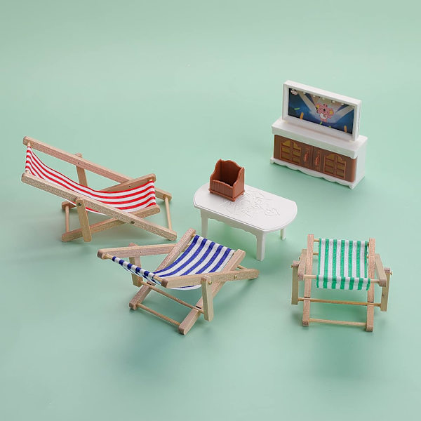 Set med 3 Mini Trävikbara Strandstolar för Dockhus eller Dockor