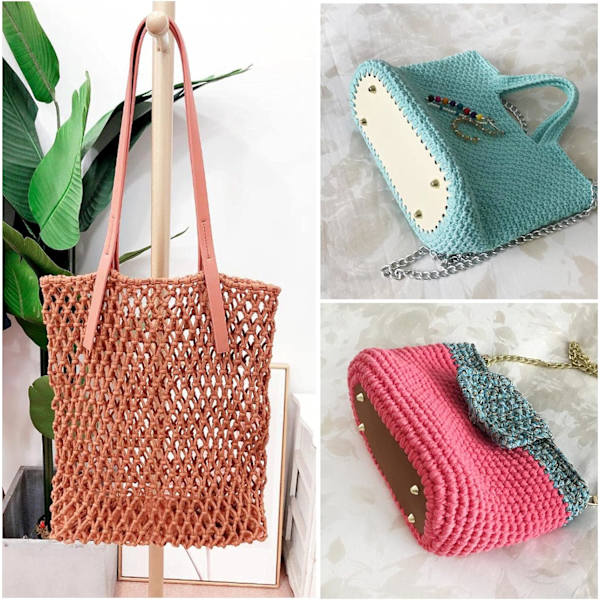22×10CM Hæklet Taskebund, 5 stk Hæklet Taskebund, PU Læder Hæklet