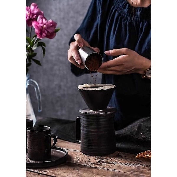 Pour Over Kaffebryggare Set, Keramisk Dripper & Mikrovågsugnsäker Karaff, Retro Metallisk Glasyr, 47 cl